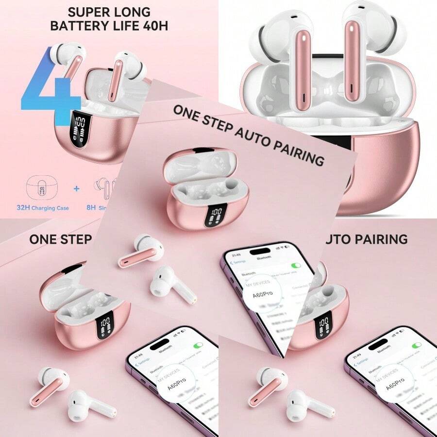Auriculares inalámbricos Bluetooth 5.3 40 horas tiempo de reproducción estéreo de graves profundos visualización de alimentación LED cancelación de ruido de llamadas con micrófono - Rojo - - Ver 1