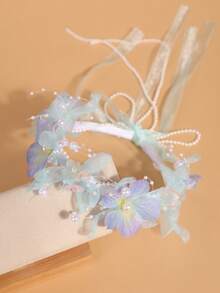 1件女童仿真花與珍珠髮箍，附仙女風薄紗花與珠飾流蘇，適合日常配戴、旅行、編髮造型、情人節、派對、仙女風造型 - 淺藍色 - 查看 3