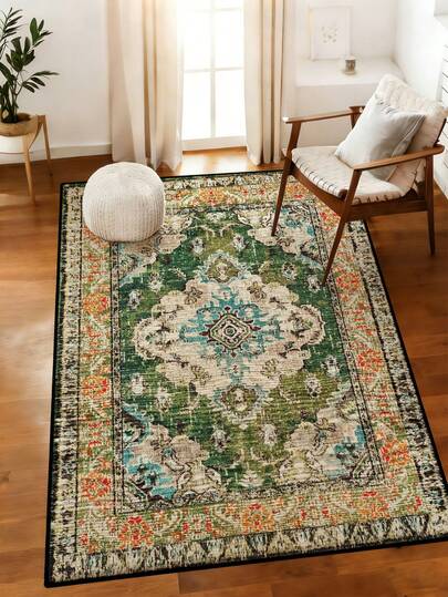 1pc Abstract Geometric Vintage Rug, Green Retro Geometric Pattern, Polyester Fabric High Definition Printing, Lightweight Portable Anti-Slip Washable, Suitable For Home Or Holiday Gifts