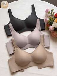 3pcs Simple & Comfortable Sports Bras For Women, Wireless, Solid Color