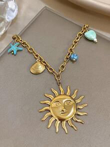 1Pc Gold Sun Pendant Necklace With Ocean-Inspired Charms – Ideal For Beach Getaways And Tropical Escapes,Valentine's Day Gift, Unisex - Multicolor - View 2