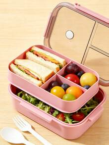 1pc 2 Layer Compartment Lunch Box, [US-Based Shipping]School Lunch Box With Fork And Spoon,Food Containers For Women & Men, Students,Set Of Utensil , Bento Lunch Box, Microwavable,Food Container(Pink),Back To School Christmas For Holiday Gift Giving, Reusable And Microwave Heated (With Lid Removed), Suitable For Kitchen, Outdoor, School Supplies, And Kitchen Utensils - 粉色 - 查看 3
