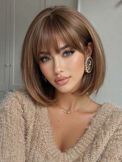 10 Inch Short Straight Wig, Women's Elegant Brown Heat-Resistant Synthetic Wig With Bangs, Bob Hairstyle, Suitable For Everyday Wear
