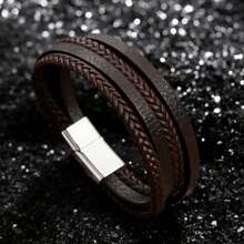1pc Men's Multi-Layer Braided PU Leather Bracelet, Multilayer Design Suitable For Stacking, Sophisticated Casual Accessory, Punk Style, Perfect Gift For Him, Fashionable Accessory For Any Occasion - PU Four-layer Leather Bracelet - View 1