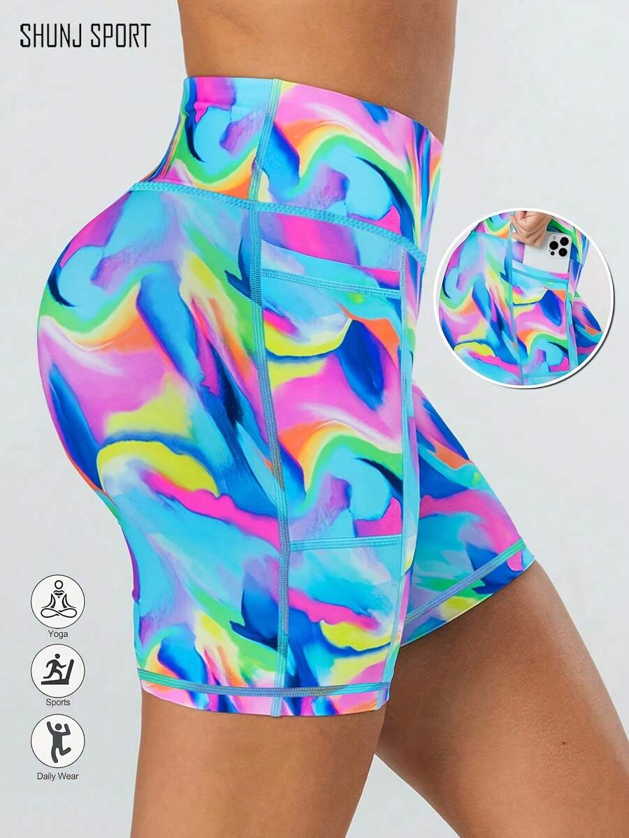 Pantalones cortos deportivos casuales básicos con estampado de teñido anudado para mujer de talla grande, pantalones cortos de yoga de cintura alta con bolsillo para teléfono, adecuados para regalos de Navidad, Año Nuevo, Día de San Valentín, correr, entrenamiento, fitness, uso diario, verano - Azul - Ver 1