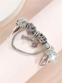 1pc Multifunctional Bracelet With Key Lock And Heart-Shaped Diamond Pendant, Fashionable European And American Style, Suitable For Teenagers To Gift To Friends