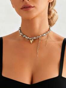 1件时尚优雅女士不对称串珠心形流苏水钻项链，精致颈链设计 - 不規則愛心流蘇項鍊 - 查看 1