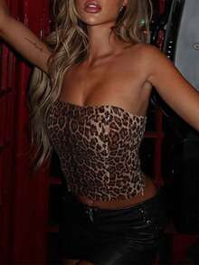 Top corto de canesú con lentejuelas de estampado de leopardo, blusa corta sin mangas para superposición - Caqui - Ver 1