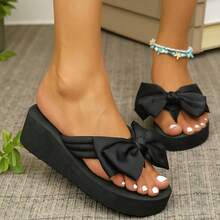 女士坡跟厚底鞋，舒适步行凉鞋，女士高跟凉鞋，室内外夏季通用，一脚蹬设计 - 黑色 - 查看 1