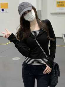 Striped Contrast Button 2 In 1/Deconstructed Office Casual Long Sleeve Women T-Shirt, Spring/Autumn - Black - View 7