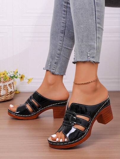 女士漆皮镂空厚底穆勒鞋，复古木屐风格凉鞋，夏季必备