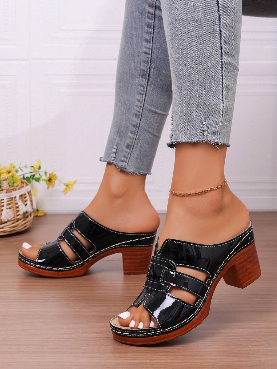 女士漆皮镂空厚底穆勒鞋，复古木屐风格凉鞋，夏季必备