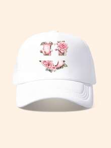 1pc White & Pink Rose Embellished Letter Design Trucker Hat, Customizable 26 Letter Text, Name, Birthday, Fashion Breathable Hollow Sunshade Baseball Cap, Suitable Gift For Friends & Kids, Spring/Summer - White - View 13