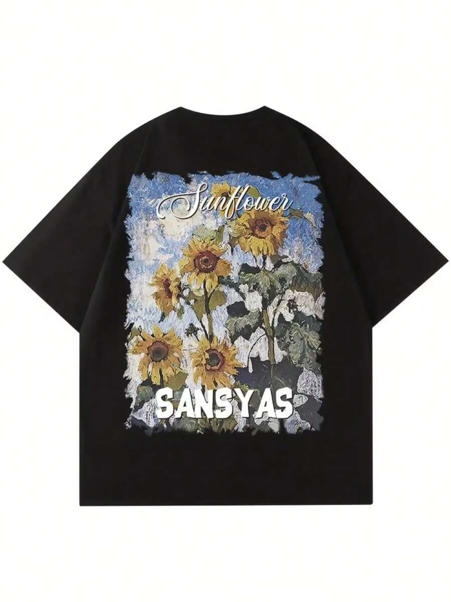 Playera de algodón 100% floreada y holgada para hombre, manga corta cuello redondo, ropa de hombre para actividades al aire libre en verano - Negro - Ver 1
