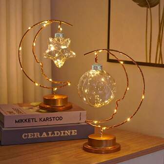1 PC Gold Smile Moon Night Light With Hanging Stars - Battery Powered Eid Table Lamp For Dining Centerpiece & Festival Party Decor