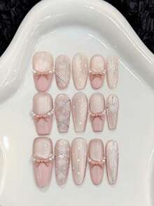 10片蝴蝶、芭蕾舞、猫眼、格子、粉色法式亚克力美甲贴片，夏季甜美可爱珍珠波点中号棺材形/中号椭圆形/长尖头全覆盖美甲贴片，包含果冻胶和指甲锉，DIY美甲用品，适合婚礼、新娘送礼会、派对、日常使用 - 粉色 - 查看 7