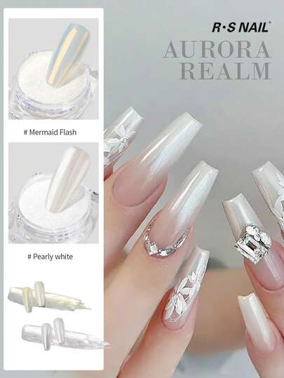 RS NAIL RSNAIL Nail Art Aurora Chrome Powder Glitter Mirror Effect Dust Pigment 2 Colors Pearl White&Yellow Send Rubbing Sticks Nail Decoration Nail Supplies Nail Gems Manicure DIY Nail Art Tools Valentine's Day New Years High-Gloss Pearlescent Iridescent Y2K Metallic Powder