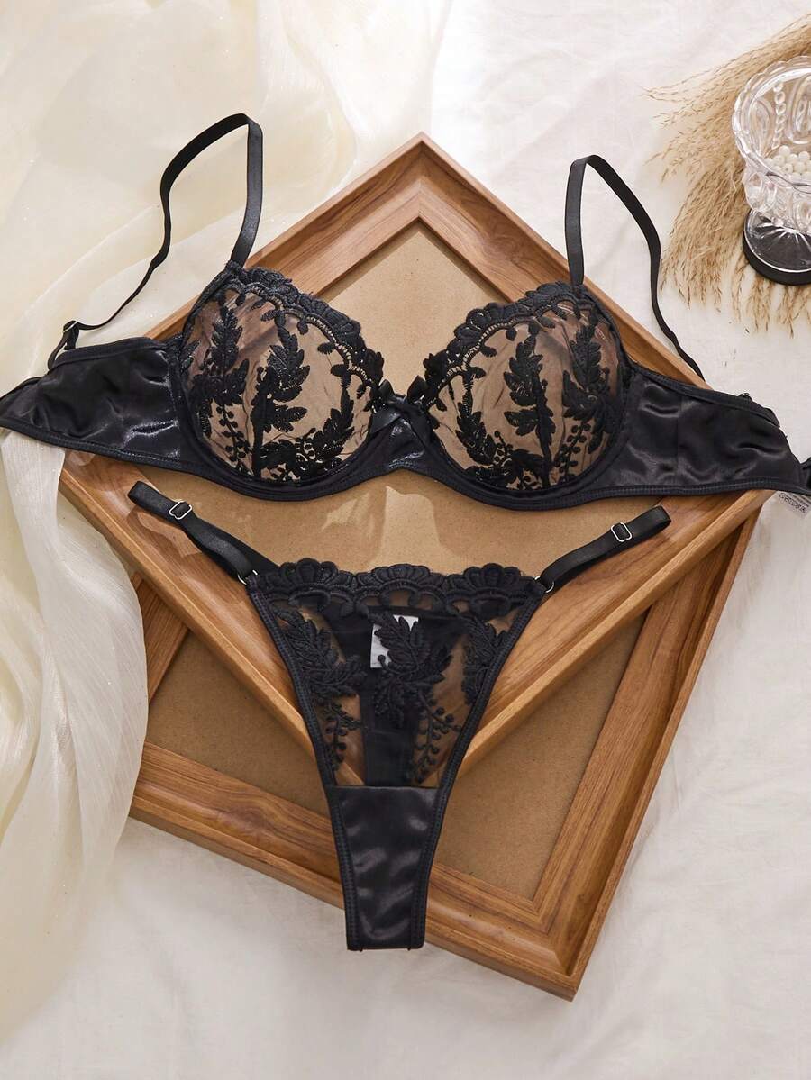 Sexy Christmas Costume,Burgundy 2pcs/Set Women Sexy Lingerie Set, Single-Layer Mesh Push Up Bra And Thong, Intimate Apparel For Couples That Reveals The Feminine Charm, See-Through Bra, Bralettes For Women,Club Outfits Women Sexy - 黑色 - 查看 1