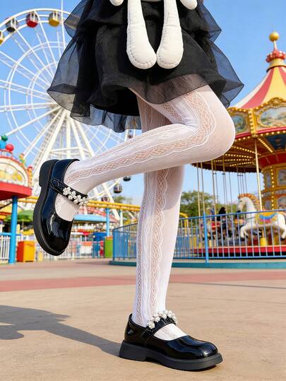 1pc Girls White Hollow Side Tights, Lolita Princess Style With Feather & Heart Design, Lightweight & Breathable, Versatile For Spring/Summer, Suitable For Back To School, Holidays, Travel, Daily Matching