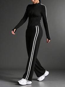 2 pièces Ensemble de yoga grande taille pour femmes, veste zippée à manches longues et pantalon droit taille haute, tenue de fitness, survêtement de course, ensemble de yoga et de gym à rayures noires pour Noël, Nouvel An et la Saint-Valentin Printemps - Noir - Voir 5
