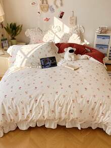 4pcs Lace Bedding Set, Soft & Comfortable Bedroom Linens, Lace Design, Cartoon Pattern, Breathable & Soft All-Season Bedding Set, Including 1 Duvet Cover, 1 Bed Sheet, 2 Pillowcases, No Filling, Suitable For Bedroom, Dorm, Home Use, Multiple Sizes Available - Red - View 7