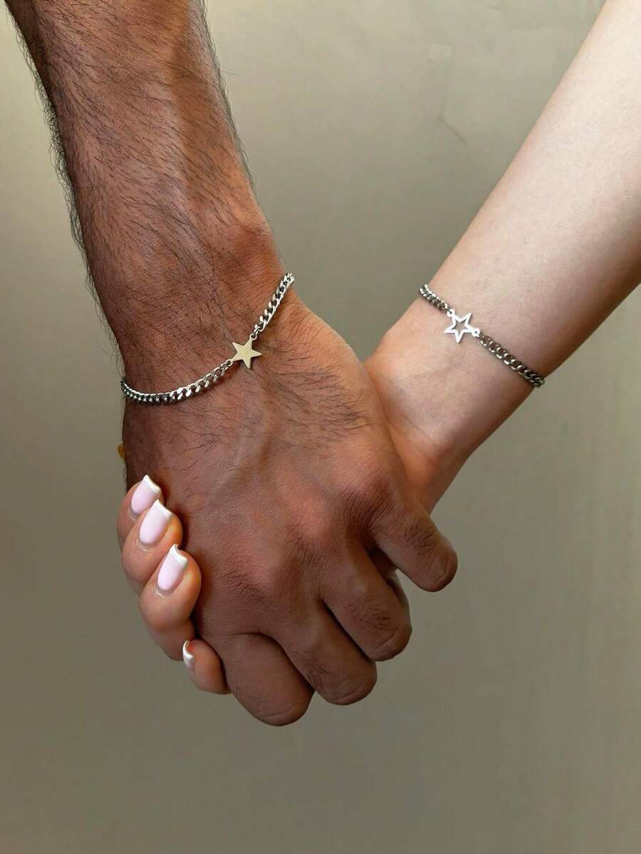 2pcs Simple Stainless Steel Star Chain Bracelets, Couples Vacation/Date/Gift, Friendship Bracelet, Suitable For Girlfriend, Friend, Father, Mother - Silver - View 1