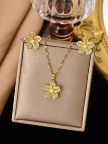 Bộ 3 món trang sức bằng thép không gỉ mạ vàng, đính đá Cubic Zirconia hình hoa 5 cánh, thanh lịch, phóng khoáng, thời trang, đa năng, phù hợp để đeo hàng ngày, dự tiệc (Đóng gói trong túi OPP). - Vàng - Xem 6