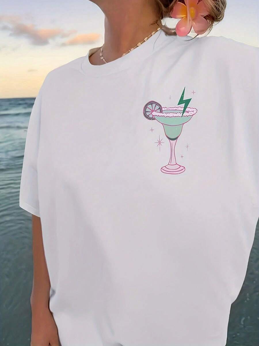 Stylish Letter Print Crew Neck Tee - Soft, Breathable, Casual Drop Shoulder Short Sleeve Top For Spring & Summer - Women's Comfortable Relaxed Fit Clothing For Everyday Wear Unisex Graphic T Shirts Unisex Casual Tee - White - View 1