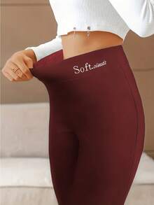 Slim-Fit Hip-Lifting And Hair-Grabbing Embroidered Thermal Leggings - 酒紅色 - 查看 5