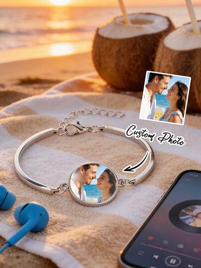 Customized Bracelet, Customized Time Gemstone Glass Arc Adjustable Bracelet, Personalized Photo Bracelet For Women, Customized Photo Bracelet, Can Customize Any Picture/Photo, Adjustable Stainless Steel Pendant Bracelet, Couples, Mothers, Wives, Girlfriends, Anniversary, Birthday, Valentine's Day Customized Gift