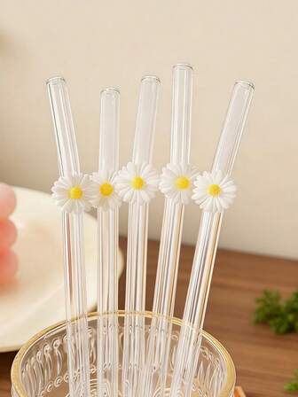 1/2 ชิ้น หลอดแก้วลายดอกเดซี่, หลอดดูดโค้งใช้ซ้ำได้สำหรับสมูทตี้, นม, ชา, น้ำผลไม้, ค็อกเทลและเครื่องดื่มเย็น | ของขวัญที่สมบูรณ์แบบสำหรับเธอ, ร้านขนม, ร้านชาไข่มุก, สแน็คบาร์, สำนักงาน, บาร์และร้านอาหาร