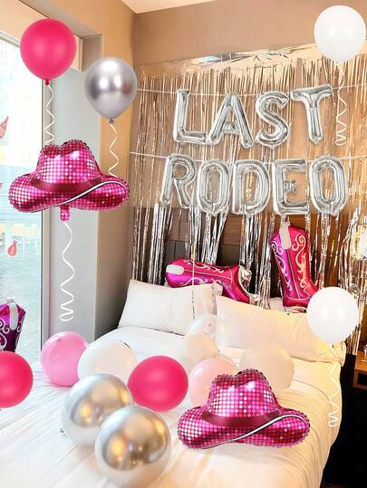 33pcs Ultimate Cowgirl Balloon Set, Includes Silver "LAST RODEO" Balloon Banner, Boots, Disco Hat Foil Balloons And Silver, Pink, White Latex Balloons, Suitable For Bachelorette Party, Disco Western Theme Balloon Decor, Birthday, Bridal Shower, Birthday Party Supplies, Last Rodeo Decoration