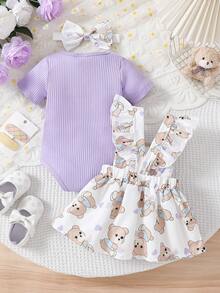 女婴可爱甜美圆领罗纹连体衣和兔子印花荷叶边吊带连衣裙套装，配蝴蝶结发带，夏季服装 - 紫色 - 查看 2