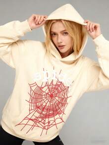 Women's Hip Hop Spider Web Pattern Graphic Alphabet Print Y2k Hoodie - Apricot - View 5
