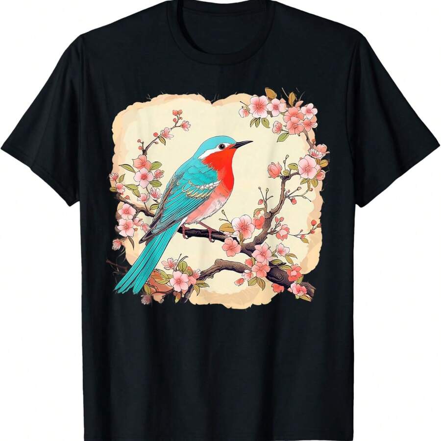 European Starling Bird Cherry Blossom T-Shirt - Negro - Ver 1