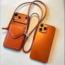 Perforated Diagonal Triangle Vintage Leather Card Holder Phone Case With Lanyard Strap, Shock-Proof Protection Compatible With Iphone 13 Pro Max, 14 Pro Max, 15 Pro Max, 16 Pro Max, 17 Pro Max - Orange - View 5