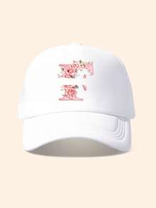 1pc White & Pink Rose Embellished Letter Design Trucker Hat, Customizable 26 Letter Text, Name, Birthday, Fashion Breathable Hollow Sunshade Baseball Cap, Suitable Gift For Friends & Kids, Spring/Summer - White - View 27