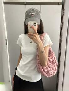 女士夏季新款简约纯棉短袖T恤，修身短款休闲圆领打底衫 - 白色 - 查看 4