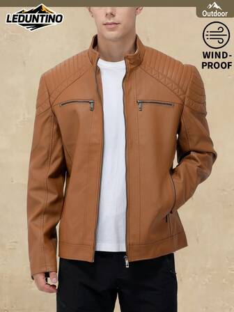 LEDUNTINO Men's Fashion Zipper Casual Outdoor Motorcycle Leather Jacket, Sports Style, Solid Color, Bomber Jacket, Men's Spring/Autumn Stand Collar, Motorcycle Windbreaker Leather Jacket, Versatile, Suitable For Outdoor Commuting, Ideal Gift For Boyfriend Or Husband, Fleece Lining, Winter Style