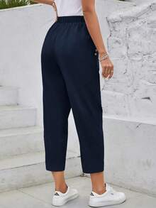 Pantalones casuales de verano para mujer con cintura elástica y bolsillos - Azul marino - Ver 2