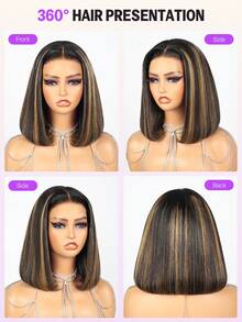 MEGALOOK 6x5渐变挑染波波头假发，直发预剪蕾丝闭合假发，即插即用，新手友好，无需胶水，12-14英寸真人发，预拔发际线 - 无需胶水，外观自然，适合日常佩戴、办公室、万圣节、派对、Y2K风格、度假、户外角色扮演、学校、节日、圣诞节、派对、婚礼、庆典等场合，适合女性佩戴。