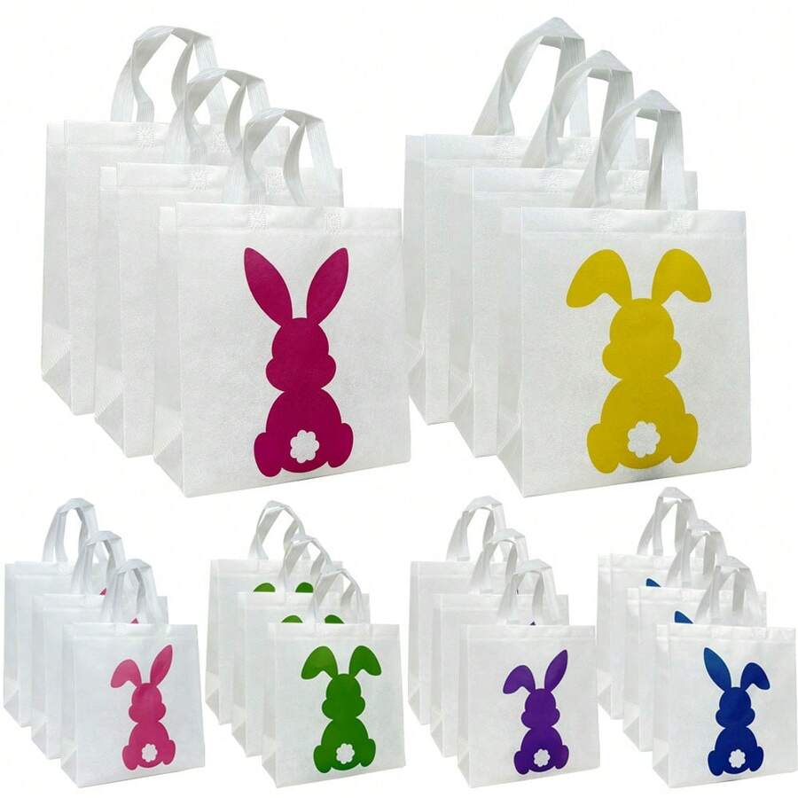 3/10/18个装复活节礼品包装袋，兔子印花无纺布袋，尺寸11.4英寸 x 10.6英寸 x 4.7英寸，可用作派对手提袋、复活节装饰收纳袋、派对礼品袋或购物袋。 - 彩色 - 查看 1