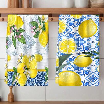 2/4 Pcs Set, Dish Towels, Vintage Lemon Pattern Print, Super Absorbent Microfiber Modern Towels, Cooking And Baking Tea Towels, Dish Cloths, Cleaning Towels, Hand Towels, Super Soft And Highly Absorbent, Kitchen Decor, Gift For Neighbors, Gifts For Mom, Birthday Gifts, Housewarming Gifts For Friends, Kitchen Accessories, Daily Necessities, Household Items