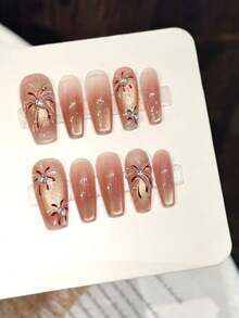 10 piezas de uñas postizas de ataúd medio hechas a mano para fiestas y uso diario, uñas de ojo de gato rosa, ojo de gato, fuegos artificiales pintados a mano, brillantes y deslumbrantes, fáciles de usar. 10 piezas de uñas postizas hechas a mano Y2K, brillantes, uñas, adecuadas para festivales, fiestas y uso diario de niñas y mujeres - Rosa - Ver 9