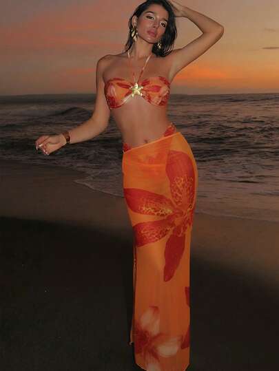 DeepOcean Swim 3 Pieces Set Split Bikini Swimwear Long Tropical Large Floral Print Gold Accessories Bohemian Beach Vacation Sexy Bikini Swimwear + Sarong Skirt Summer