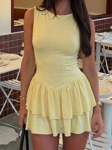 2026春夏女式提花纹理露背无袖连衣裙，适合约会和度假 - 黃色 - 查看 4