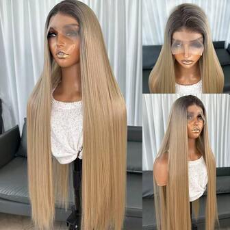 Kanekalon Futura Hair Blonde Ombre 13x4 Synthetic Lace Front Wigs For Women 30 Inch Long Straight Glueless Kanekalon Hair Resistant Synthetic Hair Wigs Free Part 150% Density Transparent Lace Wigs Heat Ready To Wear Synthetic Wigs For Women Daily Party Vacation Holiday Use