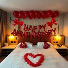 Happy Anniversary Decoration Set, Happy Anniversary Banner (Red/Black), Heart Foil Balloon, Bow Tie Balloons, Suitable For Valentine's Day, Anniversary, Engagement, Proposal, Wedding, Romantic Home Decor, Happy Valentine's Day Letter Balloons - Multicolor - View 1