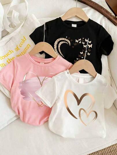 3pcs/Set Toddler Heart Print Short Sleeve Outfit