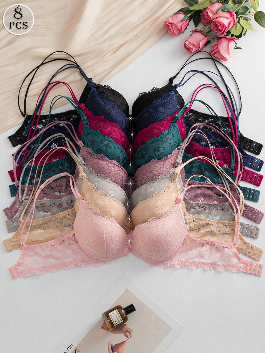 Set de 8 piezas de sujetador de encaje para mujer con soporte de aros - Combinación de colores mixtos - Multicolor - Ver 1